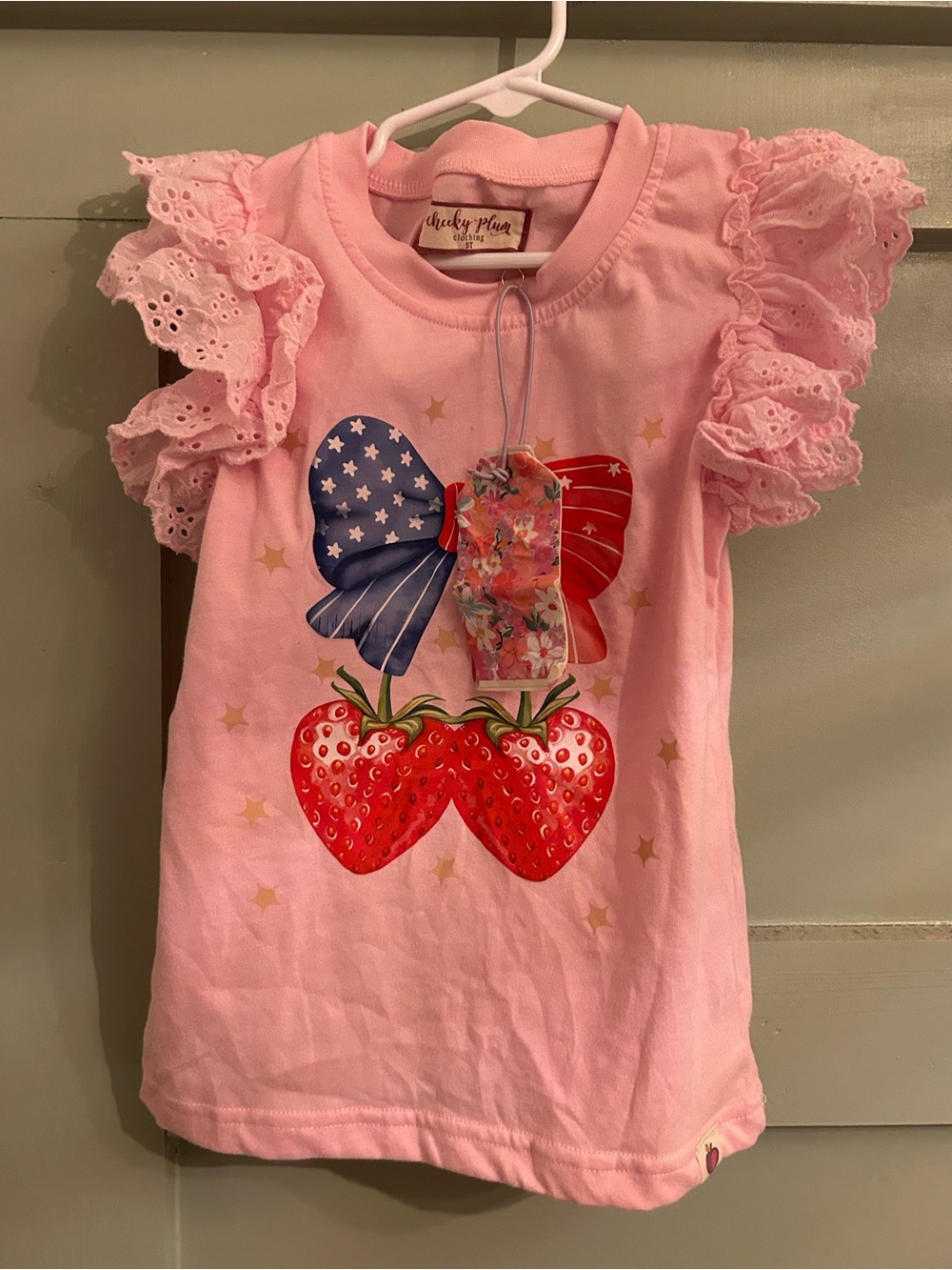 cheeky plum Pink Ruffle Sleeve Tee with Strawberry & Bow Graphic